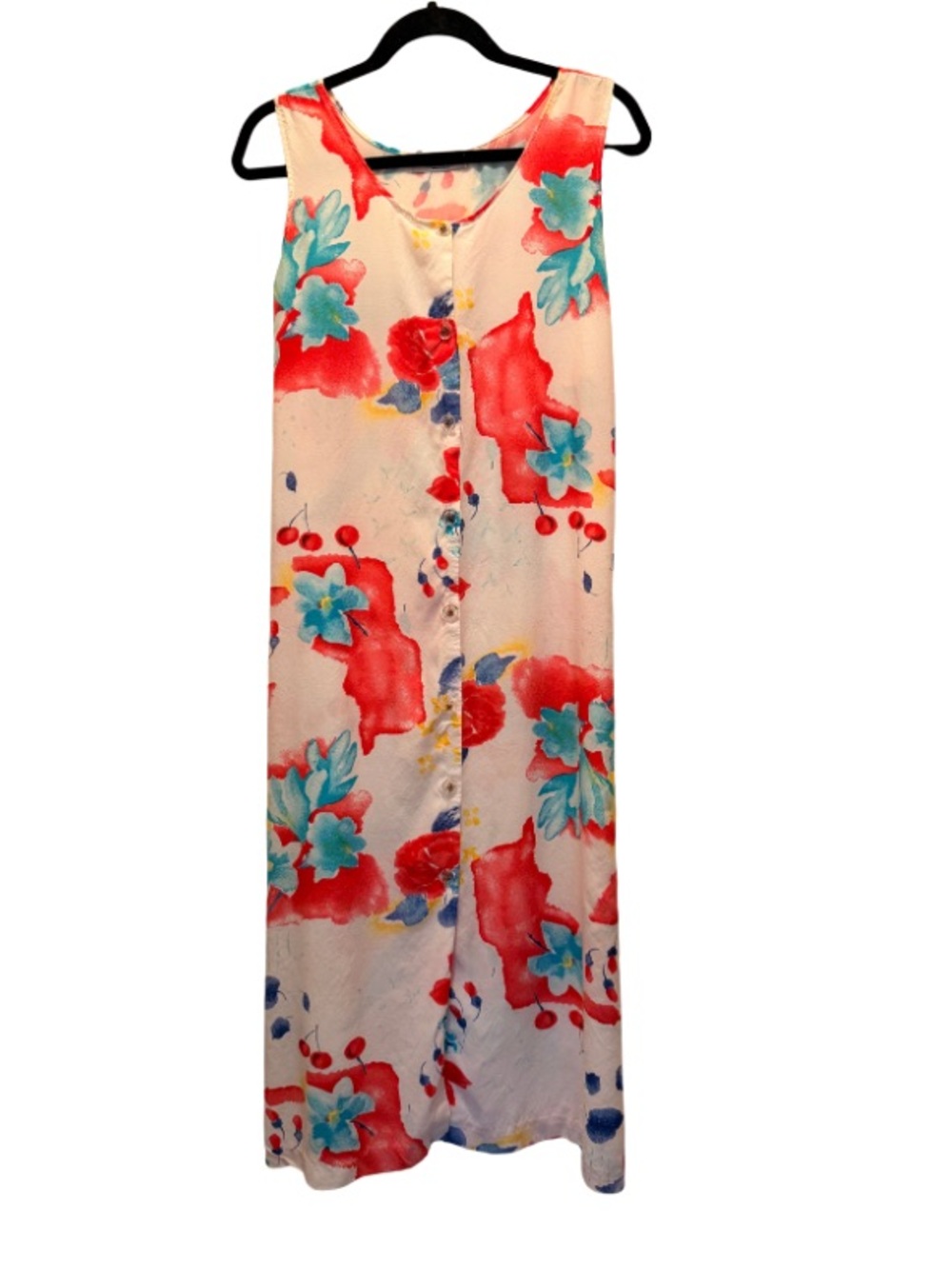 Vintage Dodi Fashion Sleeveless Floral Button-Front Maxi Dress in Red & Teal